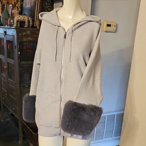 Saks Fifth Avenue Quiet Luxury Soft Gray Viscose Knit Zip Hoodie Jacket Faux Fur